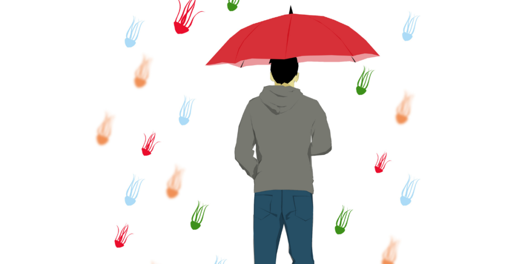 Generation Q comic cover illustration featuring a character holding an umbrella under a downpour of vibrant, multicoloured jellyfish in the rain.