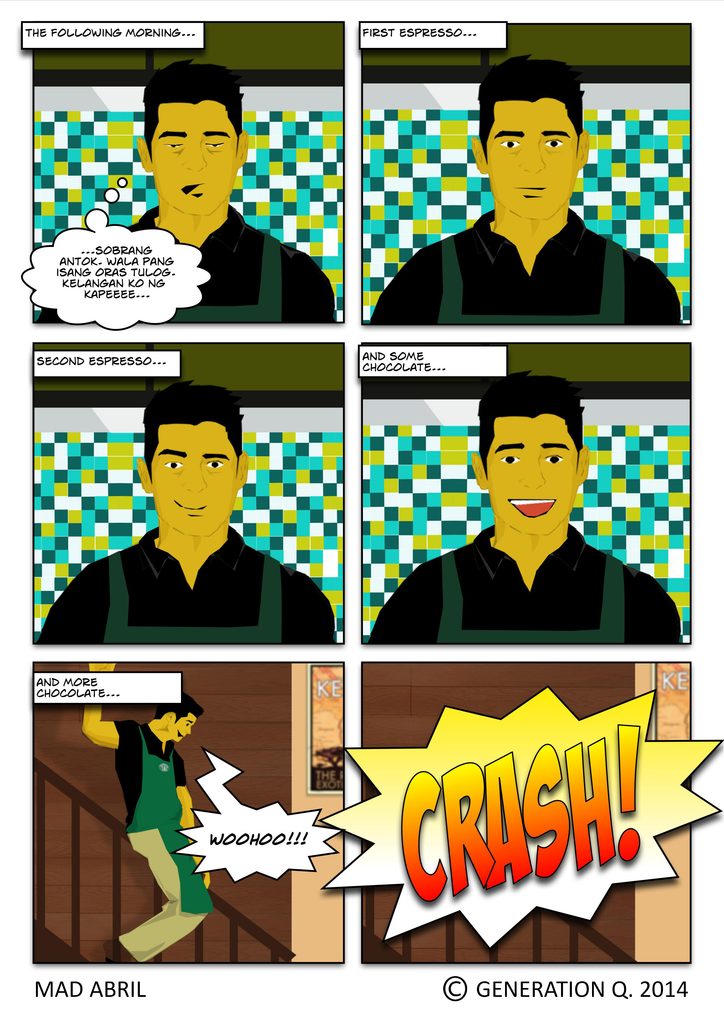 Running on zero sleep, Marc relies on multiple espresso shots and chocolate to survive his barista shift—with disastrously chaotic results. 