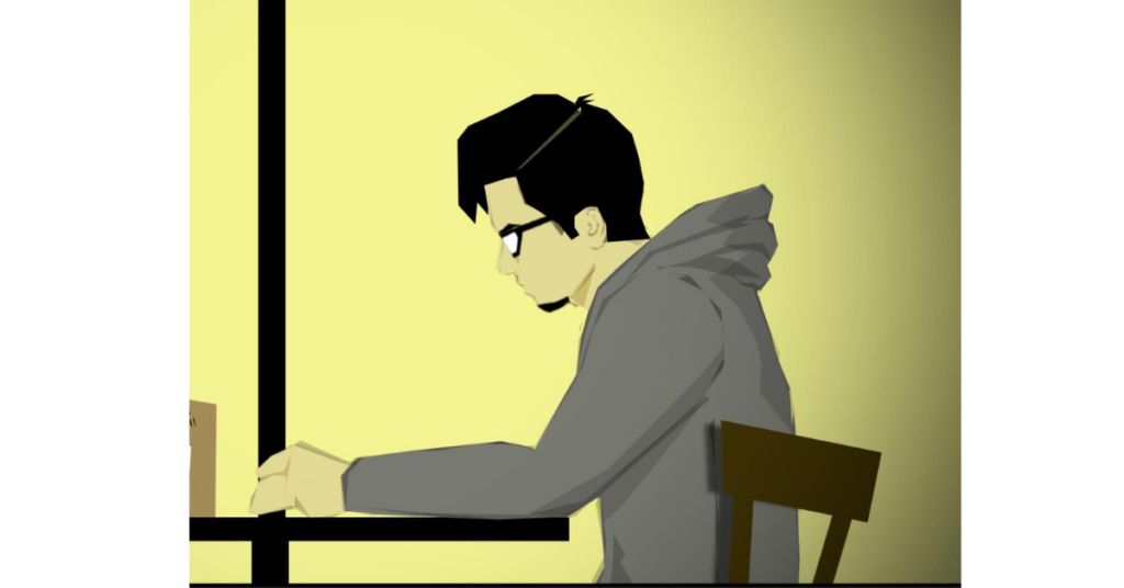 Generation Q Chapter 1 Episode 1 comic strip: Jao sits in a grey hoodie at a rainy al fresco coffee shop as Alex approaches, followed by a familiar voice calling his name.
