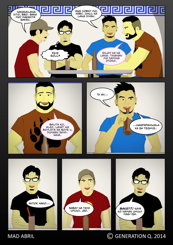 Generation Q Episode 1.10 Where the Boys Are – Six-panel webcomic strip showing Xerx, Jao, Alex, and Gen hanging out at Athens bar.