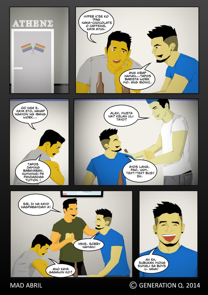 Generation Q Episode 1.12 Meathook – Six-panel webcomic strip showing Alex chatting with guys at Athens bar.