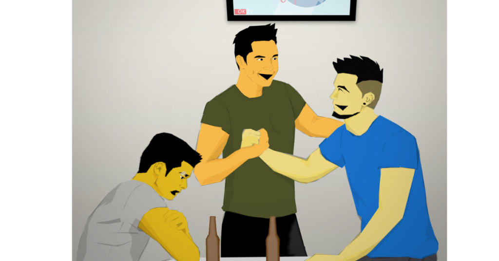 Generation Q Webcomic – Alex greeting a friend with a handshake at a bar while Marc sits quietly nearby.