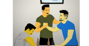 Generation Q Webcomic – Alex greeting a friend with a handshake at a bar while Marc sits quietly nearby.