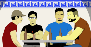 Xerx, Jao, Alex, and Gen hit Athens bar in "Where the Boys Are" (Ep. 1.10). Teasing, cold beers, and awkward exits make for an eventful night out.